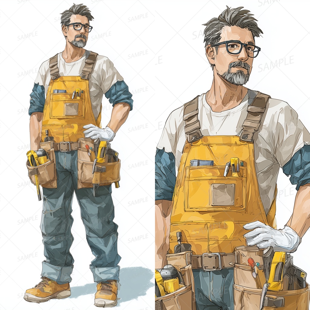 A0160：黄色オーバーオールと工具ベルトの職人男性[立ち絵・縦画面]