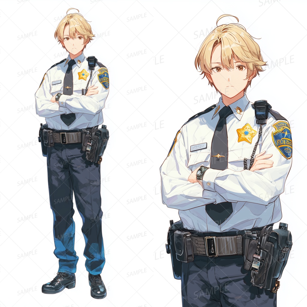 A0164：白シャツ制服で腕組みポーズの金髪男性警察官[立ち絵・縦画面]