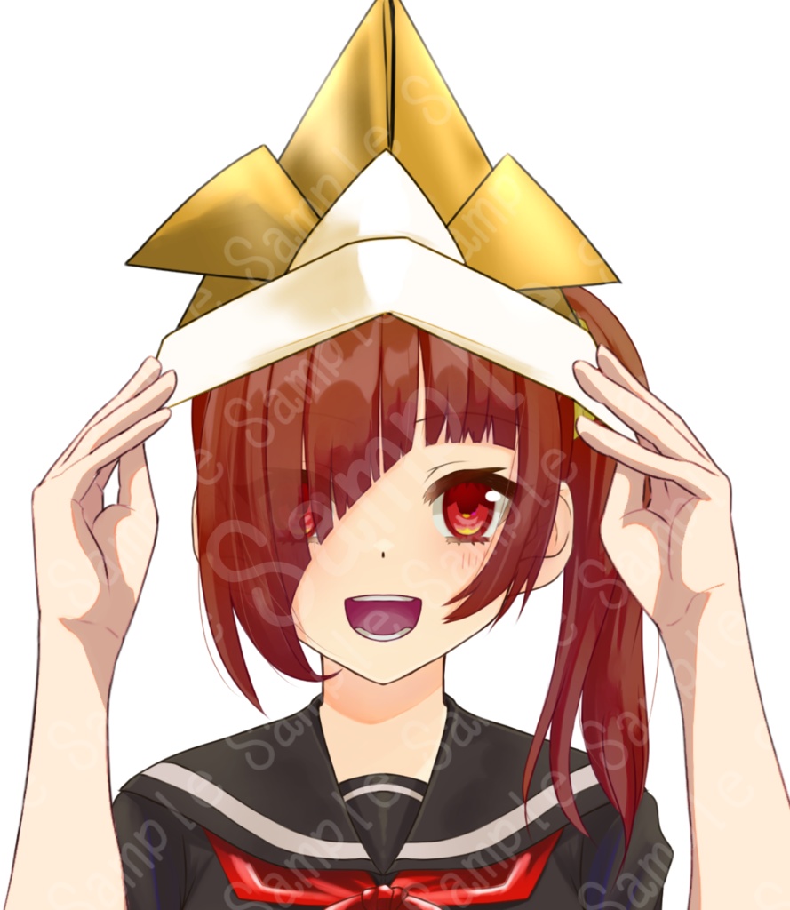 折り紙の兜をかぶる手