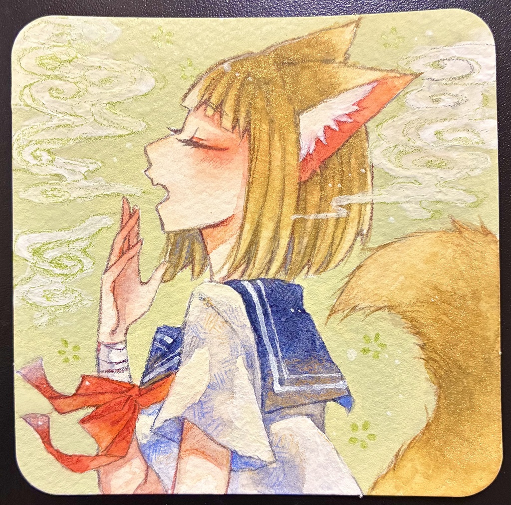 あくびする狐ちゃん　てのひら原画