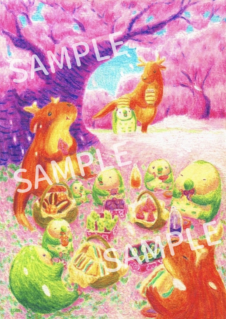 色鉛筆画「ごちそうを持ち寄って」