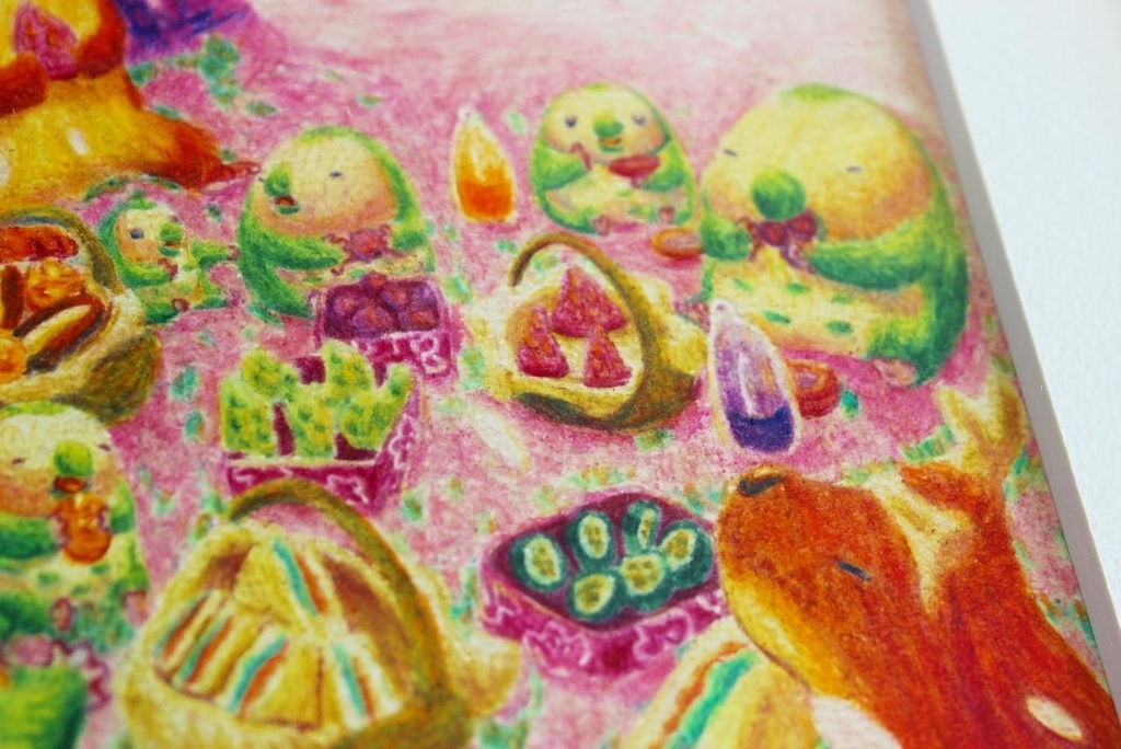 色鉛筆画「ごちそうを持ち寄って」