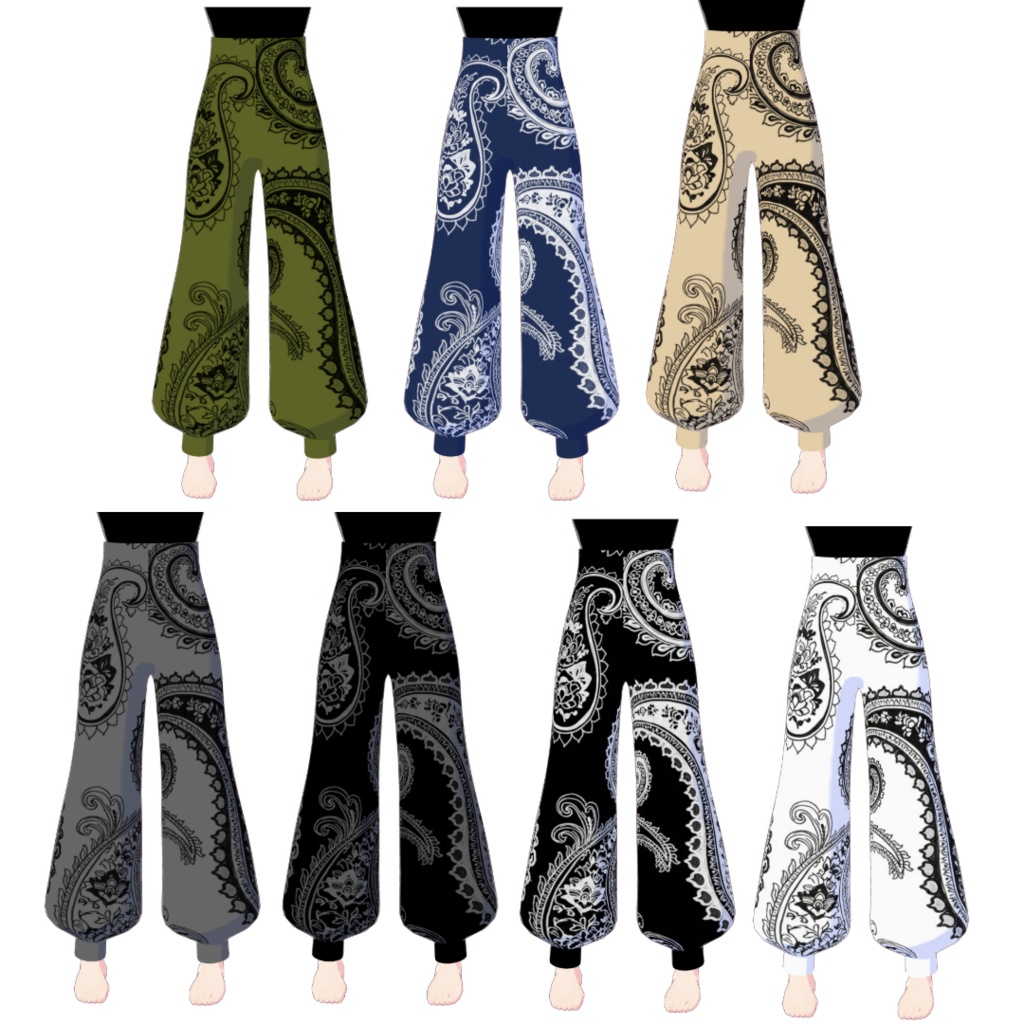 【#Vroid】ペイズリー柄のサルエルパンツ カラーバリエーションセット|Paisley Sarouel Pants Set
