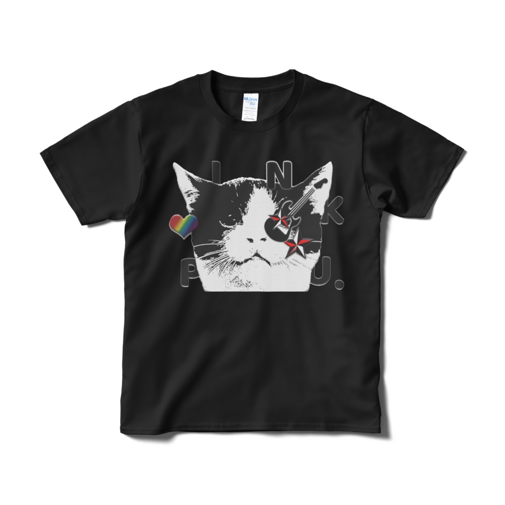 送料込み　猫フェイス　"I LOVE PUNK."  半袖Tシャツ　５.３オンス　ブラック