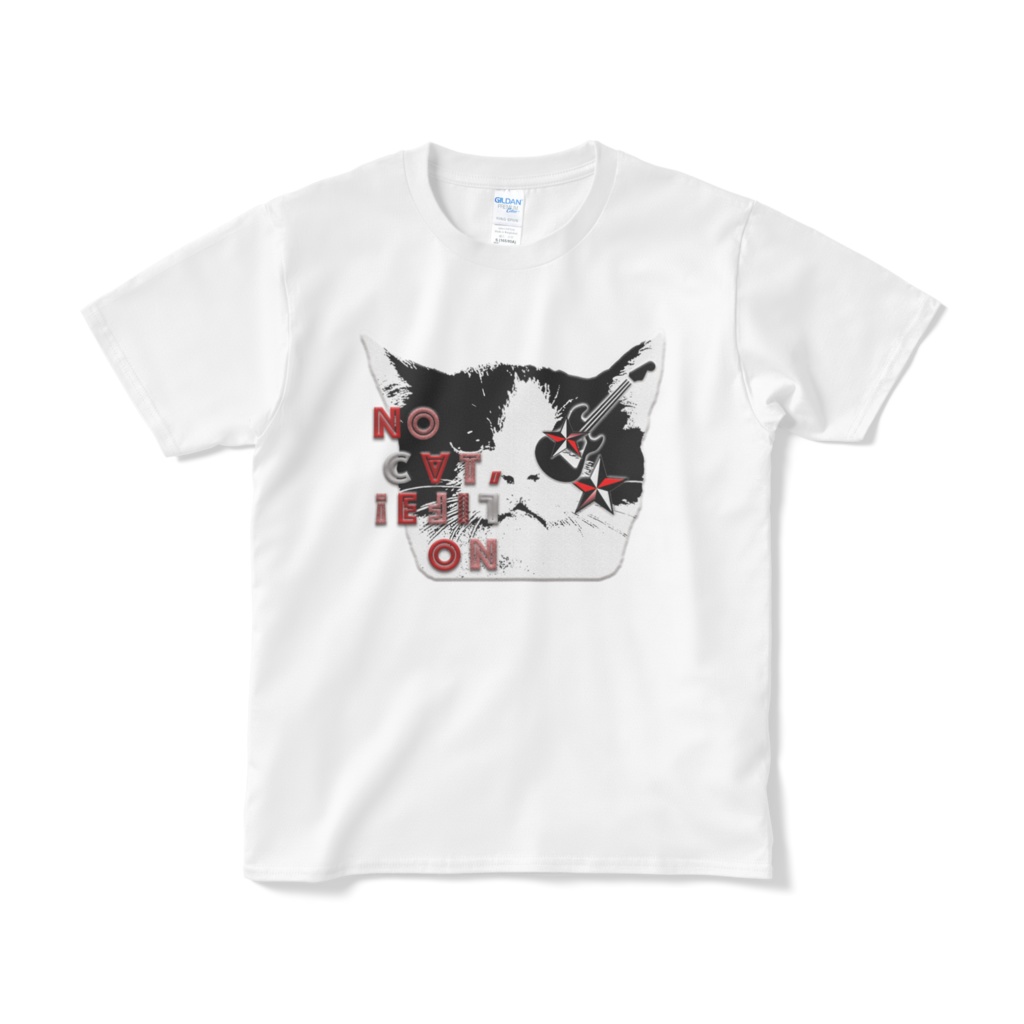 送料込み「NO CAT, NO LIFE!」猫フェイス　半袖Tシャツ　５.３オンス　ホワイト