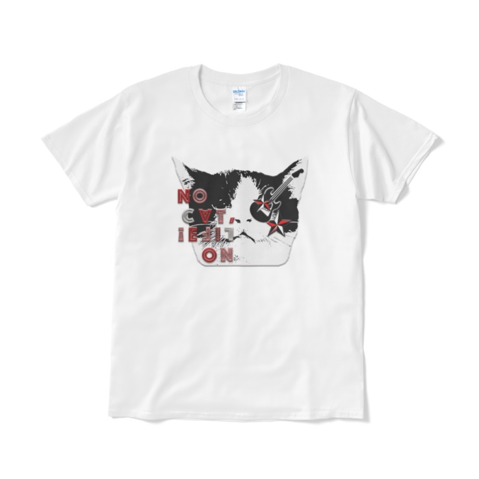 送料込み「NO CAT, NO LIFE!」猫フェイス 半袖Tシャツ 5.3オンス ホワイト
