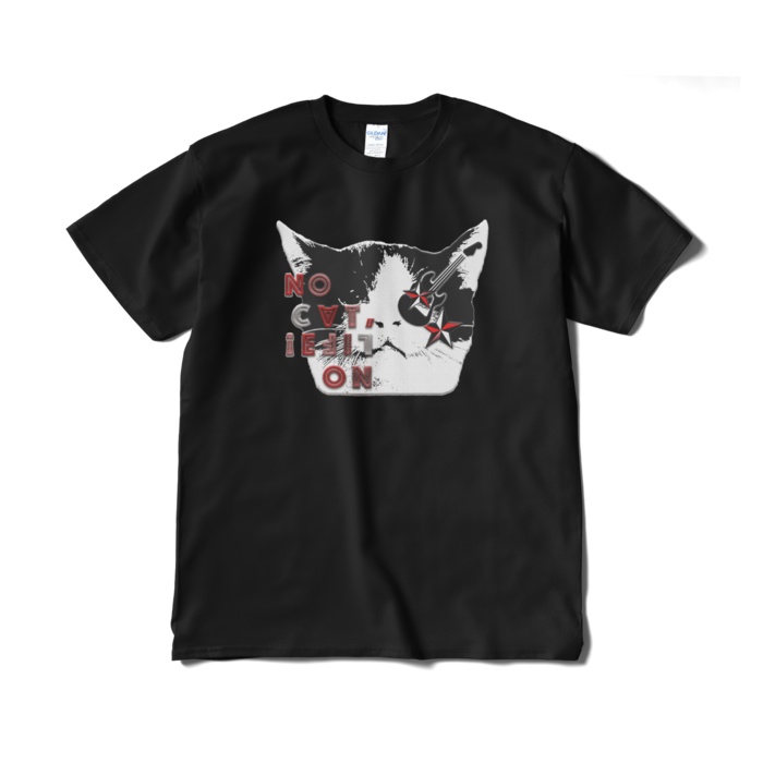 送料込み「NO CAT, NO LIFE」猫フェイス 半袖Tシャツ 5.3オンス ブラック