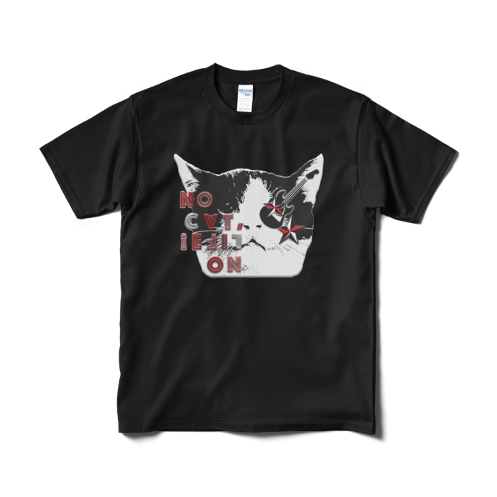 送料込み「NO CAT, NO LIFE」猫フェイス 半袖Tシャツ 5.3オンス ブラック