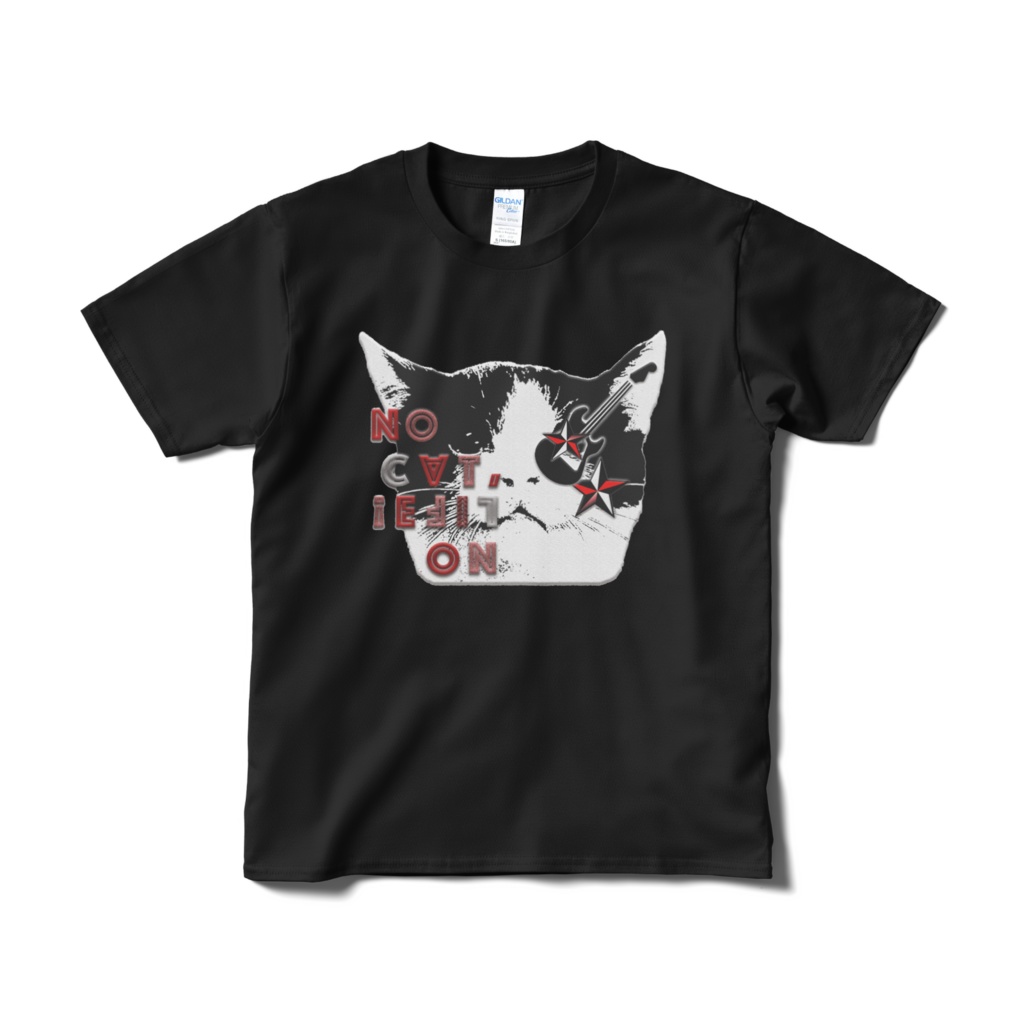送料込み「NO CAT, NO LIFE」猫フェイス 半袖Tシャツ 5.3オンス ブラック
