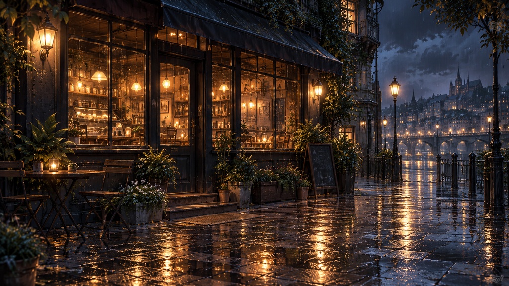 【背景素材5枚】雨夜のカフェと水辺の街|TRPG・ゲーム・配信・商用利用可