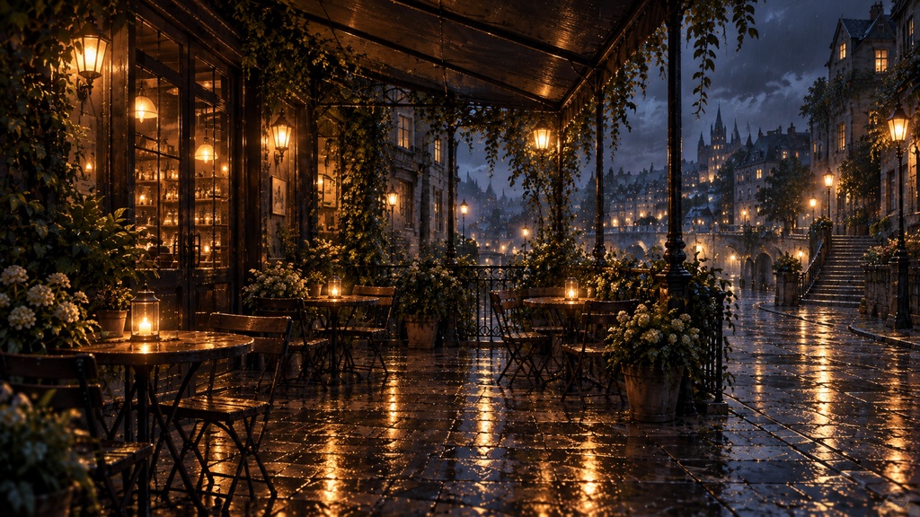 【背景素材5枚】雨夜のカフェと水辺の街|TRPG・ゲーム・配信・商用利用可