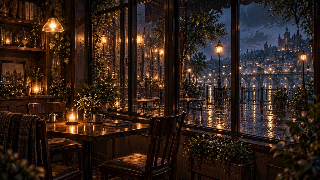 【背景素材5枚】雨夜のカフェと水辺の街|TRPG・ゲーム・配信・商用利用可