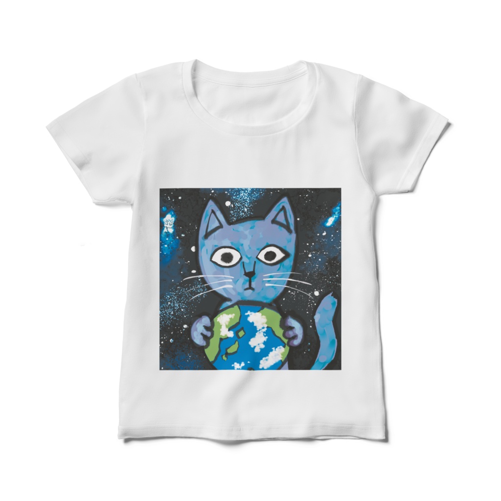 地球と猫レディース白Tシャツ