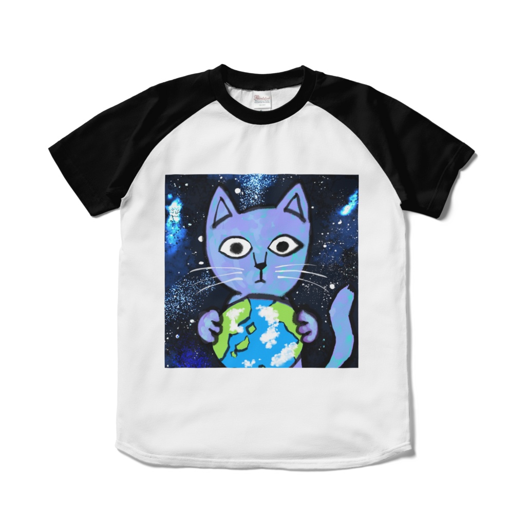 地球と猫ラグランTシャツ白黒