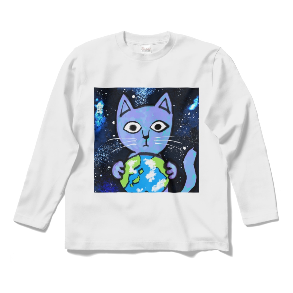 地球と猫ロングスリーブ白Tシャツ