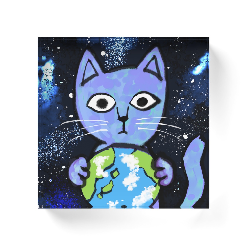地球と猫アクリルブロック