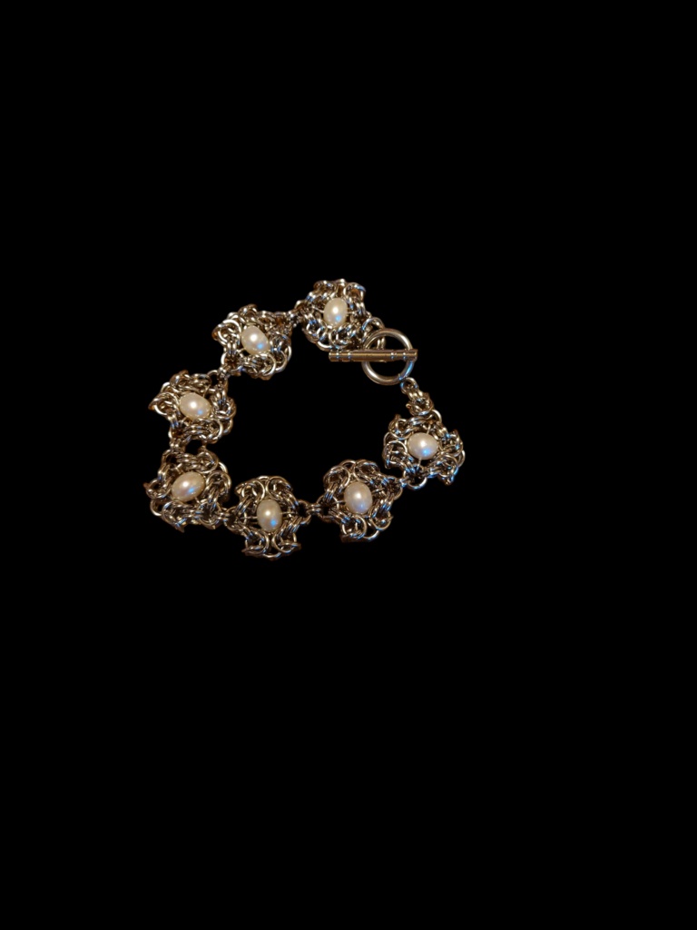 チェインメイルシルバー淡水パールホワイトフラワーブレスレット 20