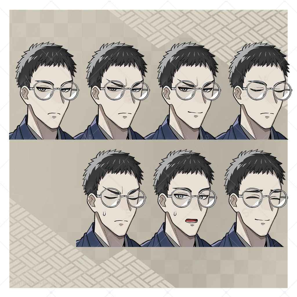 【立ち絵素材】短髪眼鏡の和服男性【青年/中年/表情差分各6種】