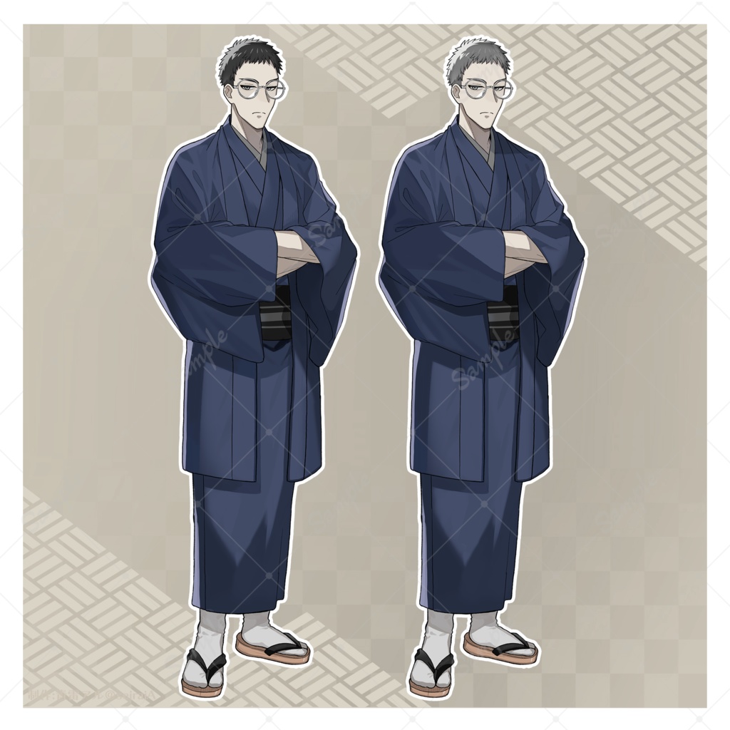 【立ち絵素材】短髪眼鏡の和服男性【青年/中年/表情差分各6種】