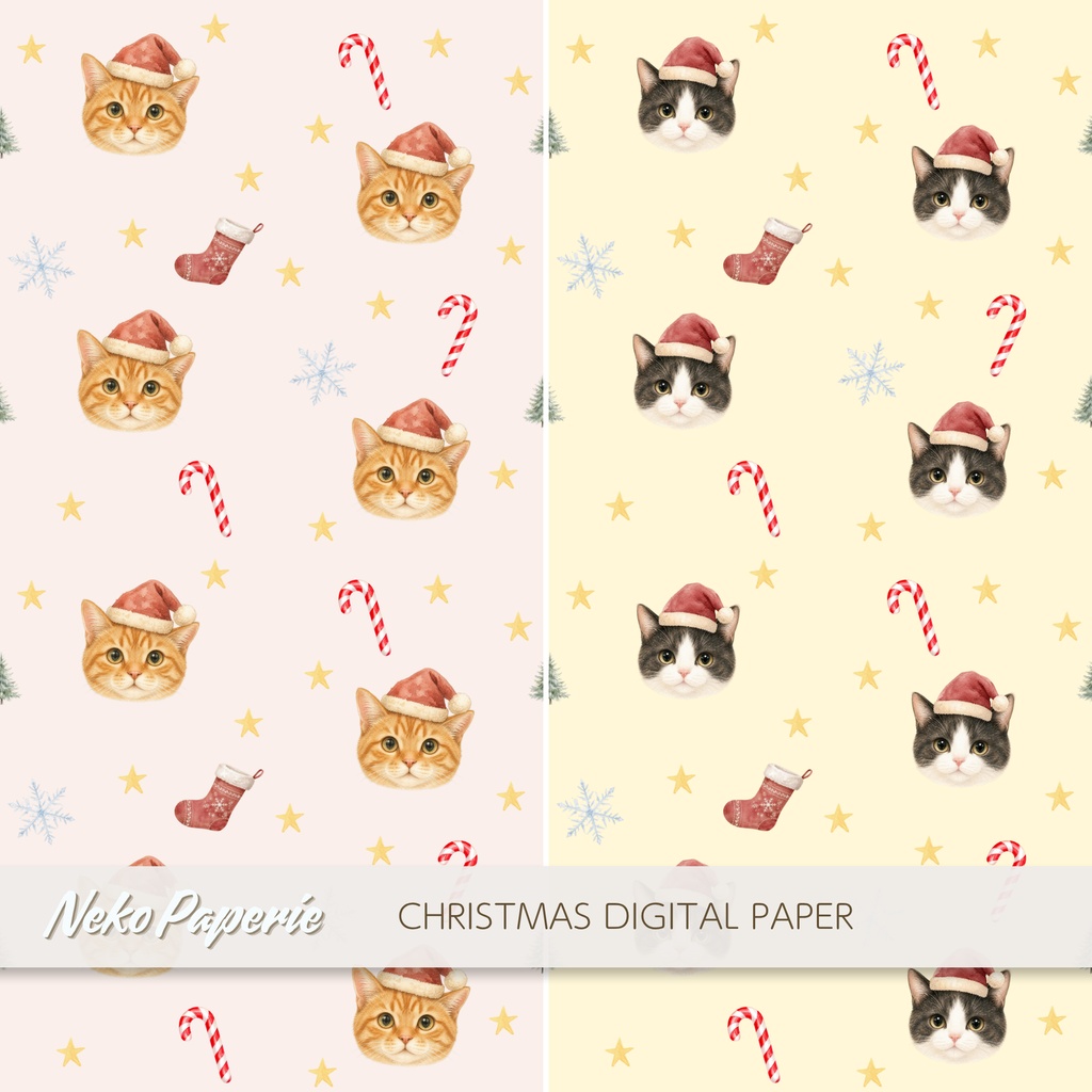 ほっこりクリスマス猫 パターン素材12選|シームレスデジタルペーパー|Cozy Christmas Cat Seamless Patterns