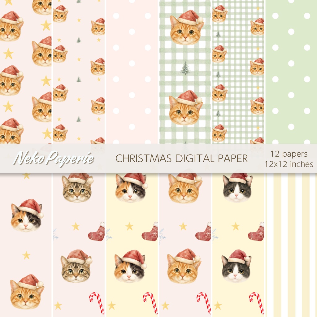 ほっこりクリスマス猫 パターン素材12選|シームレスデジタルペーパー|Cozy Christmas Cat Seamless Patterns