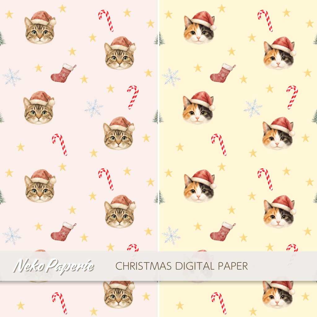 ほっこりクリスマス猫 パターン素材12選|シームレスデジタルペーパー|Cozy Christmas Cat Seamless Patterns