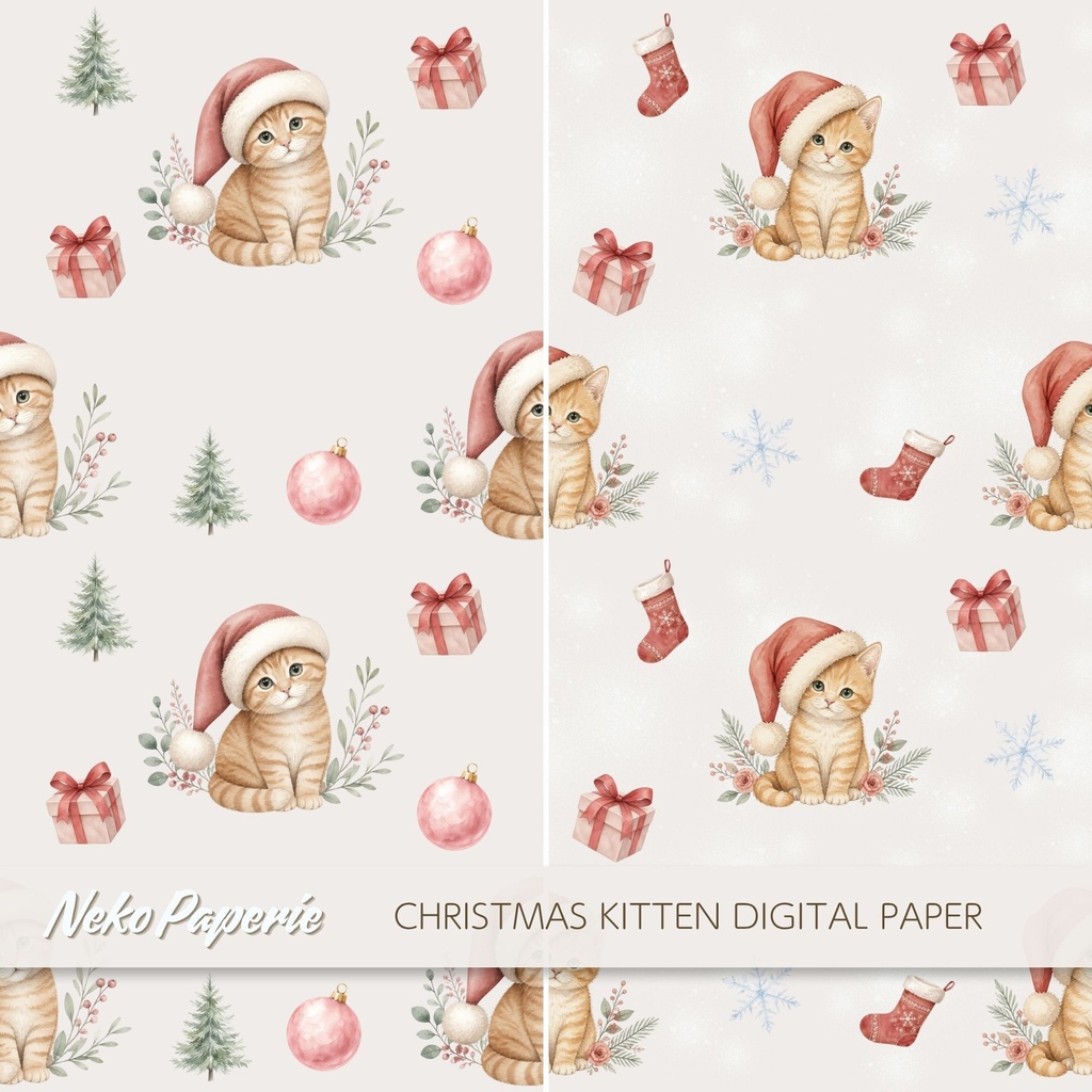 かわいいクリスマス子猫 パターン素材12選|シームレスデジタルペーパー|Cozy Christmas Kitten Seamless Patterns