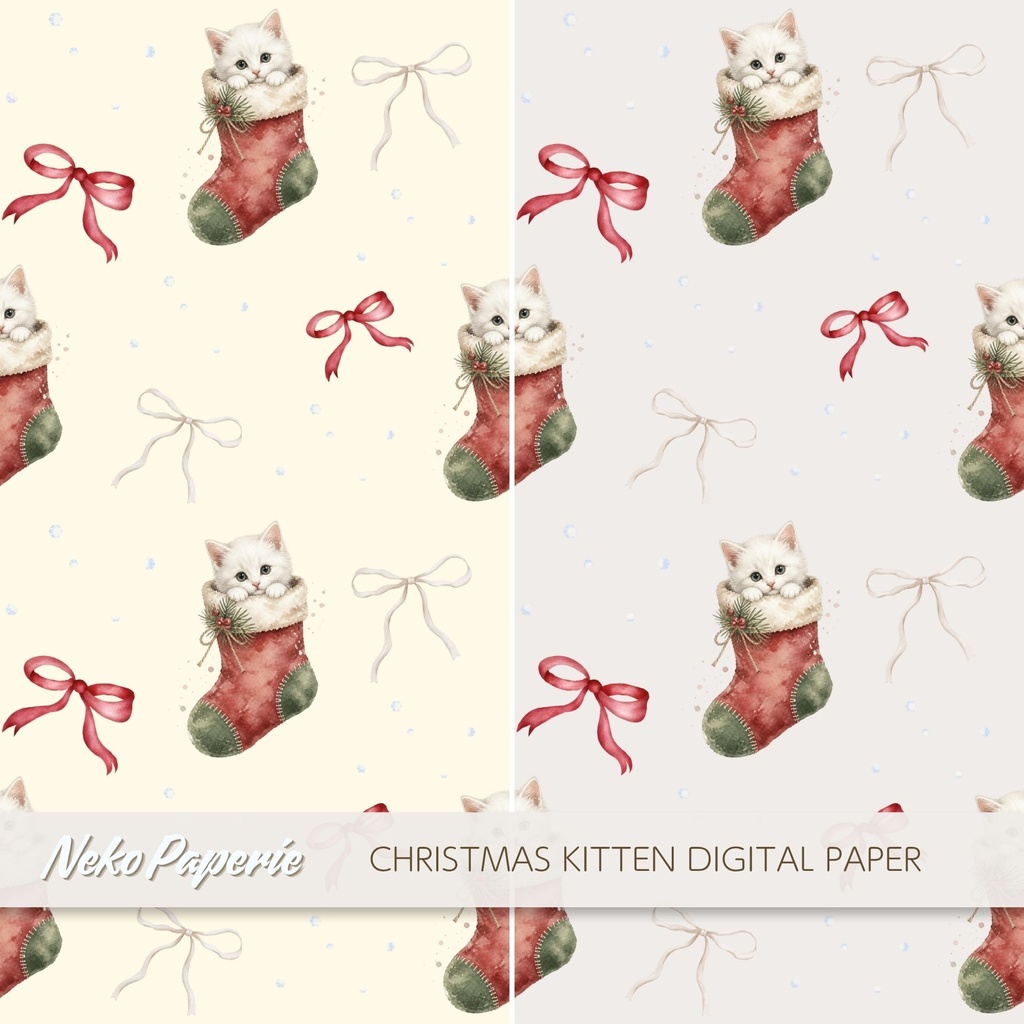 かわいいクリスマス子猫 パターン素材12選|シームレスデジタルペーパー|Cozy Christmas Kitten Seamless Patterns