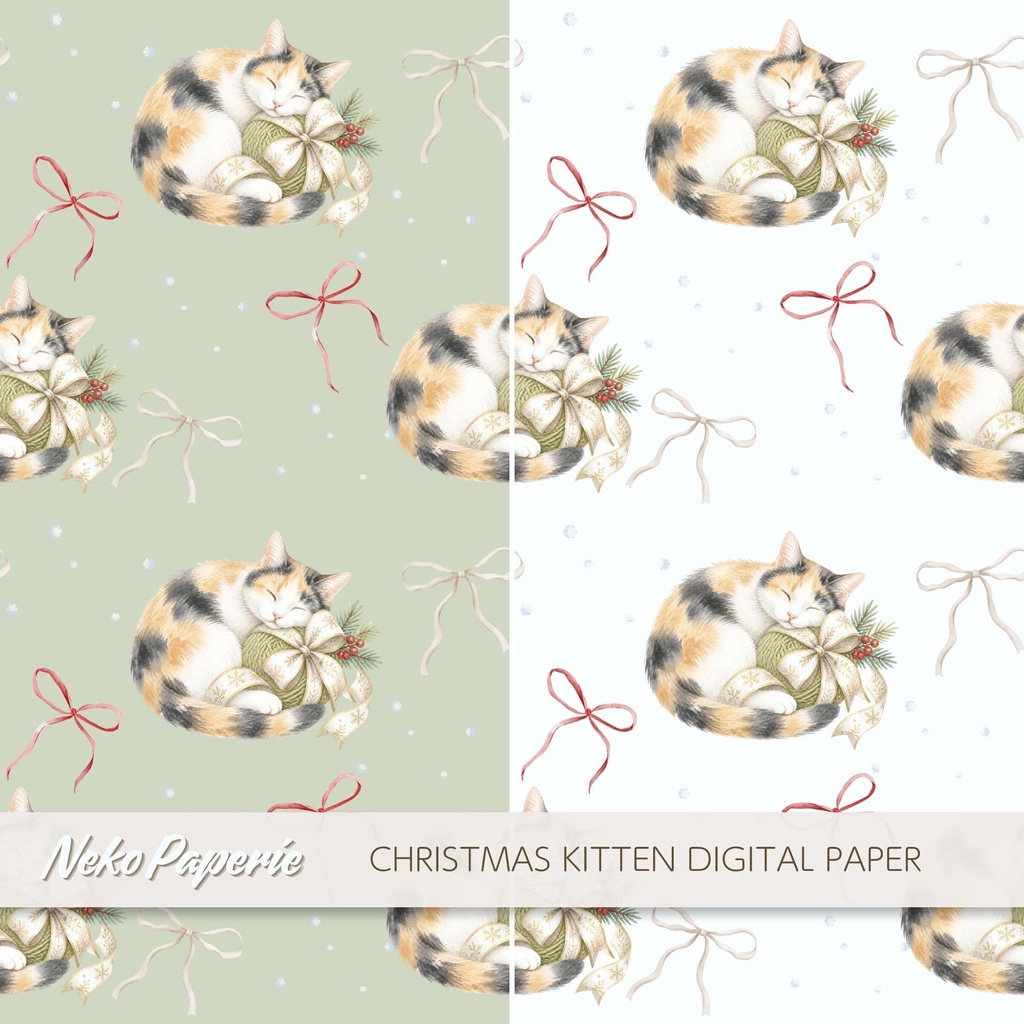かわいいクリスマス子猫 パターン素材12選|シームレスデジタルペーパー|Cozy Christmas Kitten Seamless Patterns