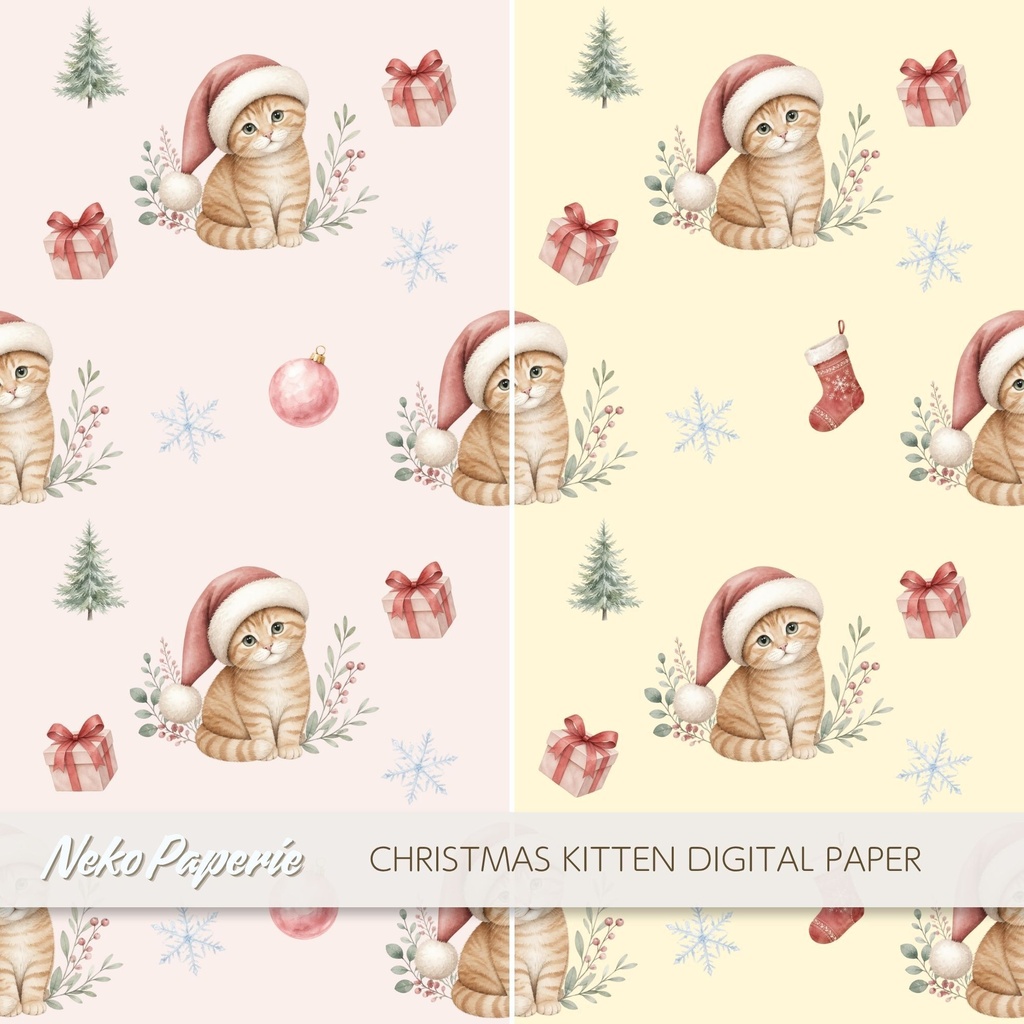 かわいいクリスマス子猫 パターン素材12選|シームレスデジタルペーパー|Cozy Christmas Kitten Seamless Patterns