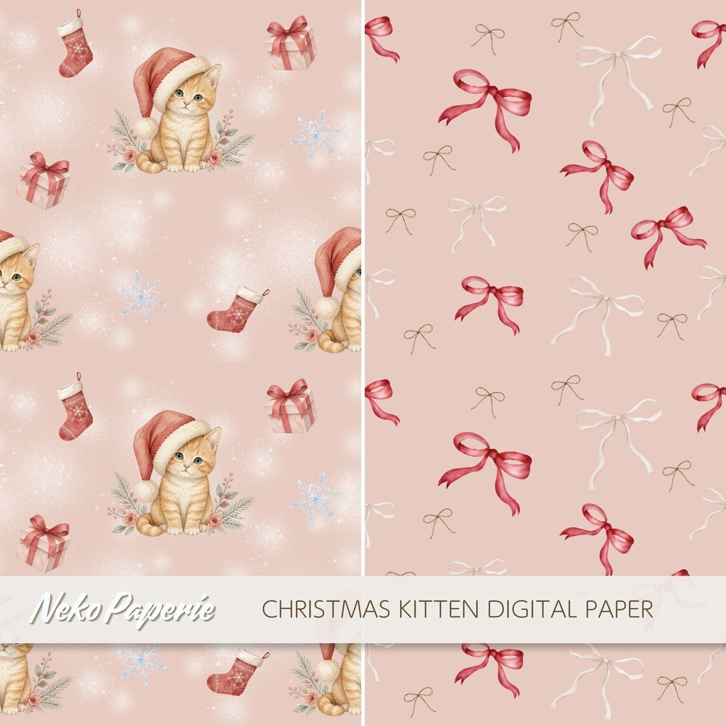 かわいいクリスマス子猫 パターン素材12選|シームレスデジタルペーパー|Cozy Christmas Kitten Seamless Patterns