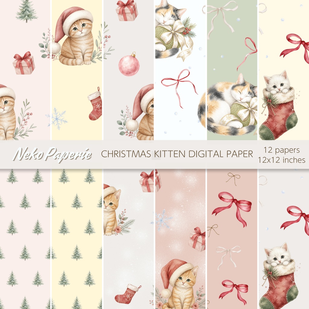 かわいいクリスマス子猫 パターン素材12選｜シームレスデジタルペーパー｜Cozy Christmas Kitten Seamless Patterns