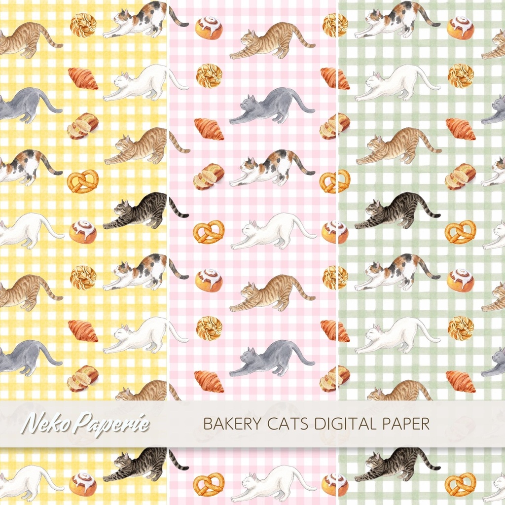 ほっこり美味しい「猫×ベーカリー」パターン12選|シームレスデジタルペーパー|Cozy Cat Bakery Seamless Patterns