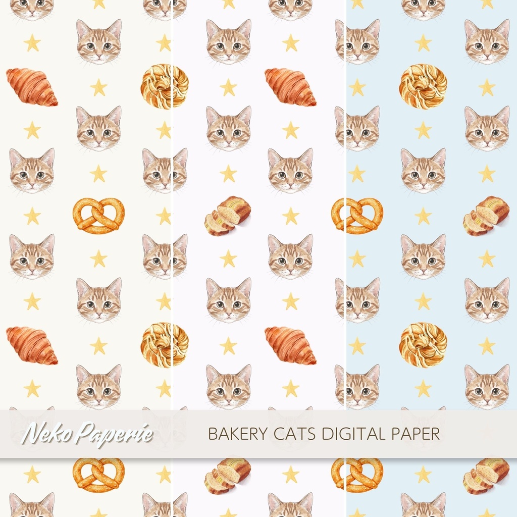 ほっこり美味しい「猫×ベーカリー」パターン12選|シームレスデジタルペーパー|Cozy Cat Bakery Seamless Patterns
