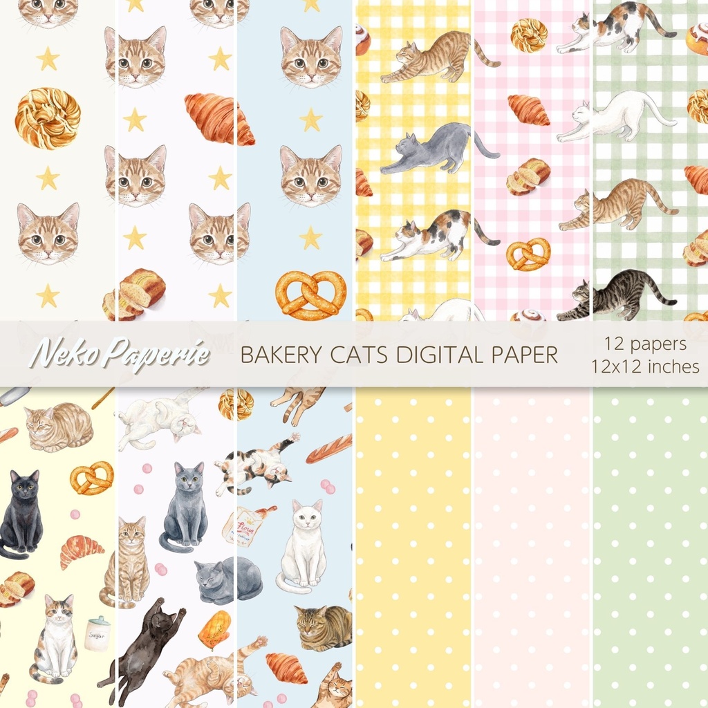 ほっこり美味しい「猫×ベーカリー」パターン12選｜シームレスデジタルペーパー｜Cozy Cat Bakery Seamless Patterns