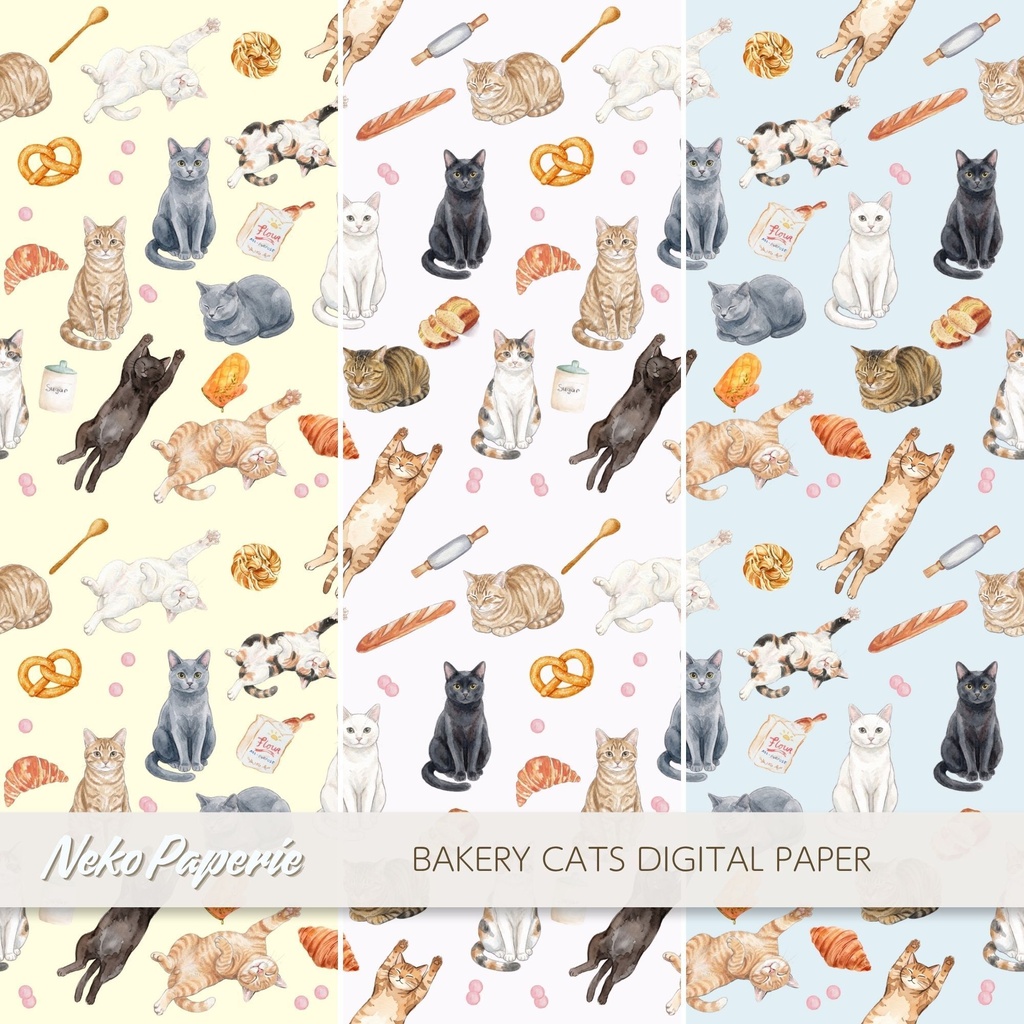 ほっこり美味しい「猫×ベーカリー」パターン12選|シームレスデジタルペーパー|Cozy Cat Bakery Seamless Patterns