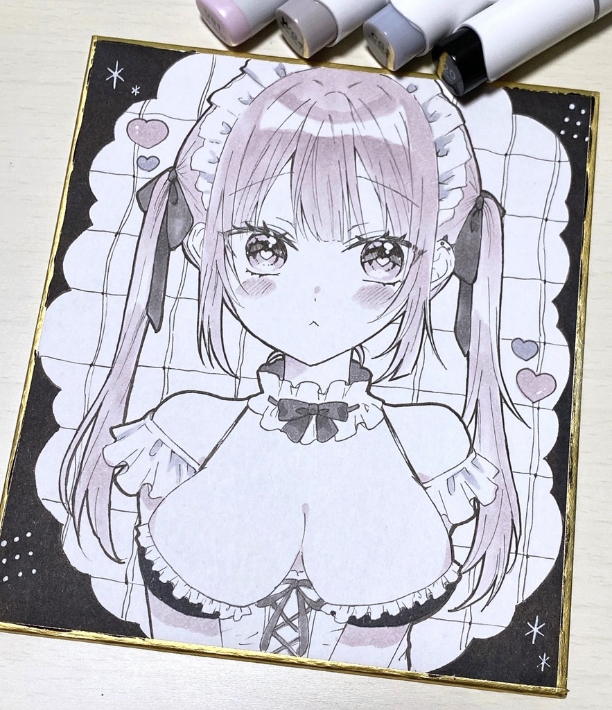 【小色紙原画】 ツインテメイドちゃん🤍🖤
