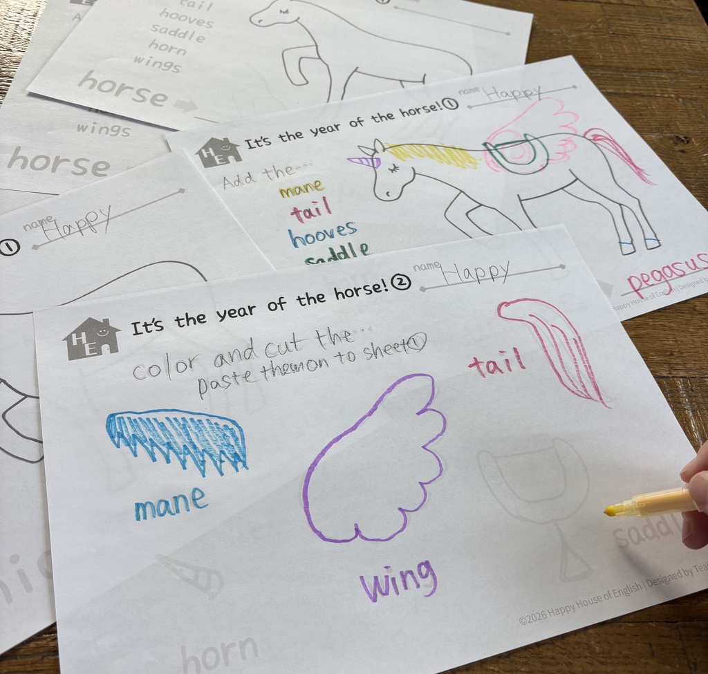 It’s the Year of the Horse! 馬のからだ × ユニコーン&ペガサス 英語クラフトワークシート(3枚)