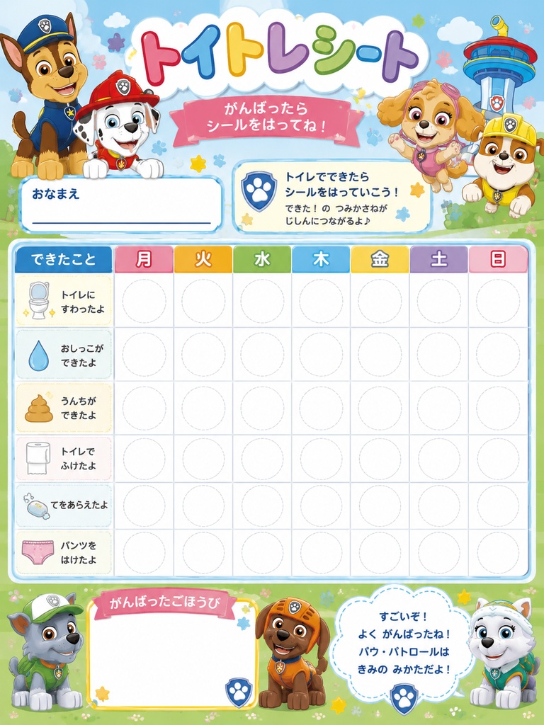 パウパトロール風   🚽 【PDF】トイトレシート｜シールで楽しくトイレトレーニング｜ごほうび台紙