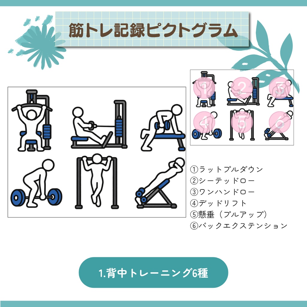 【デジタル素材】筋トレ記録ピクトグラムステッカー|49種|GoodNotes対応|デジタルプランナー用