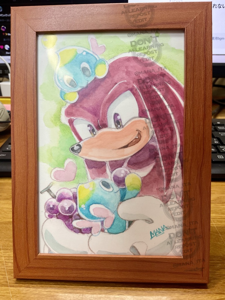 水彩原画　ナックルズとチャオ　Original fan art watercolor picture Knuckles and Chao