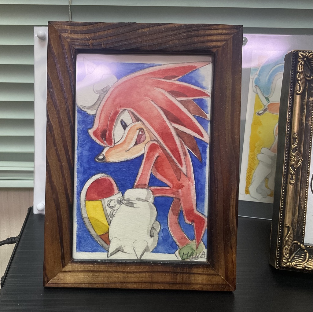 ナックルズ ファンアート原画|透明水彩+水彩色鉛筆|100×148mm 額入り original watercolor artwork featuring Knuckles