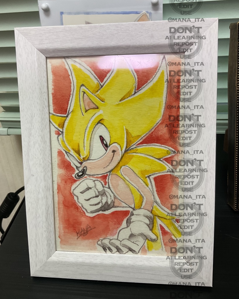 【一点もの原画】スーパーソニック水彩ファンアート|ポストカードサイズ|額装済 Original Super Sonic Fan Art — Watercolor Painting / One-of-a-Kind / Framed / Postcard Size