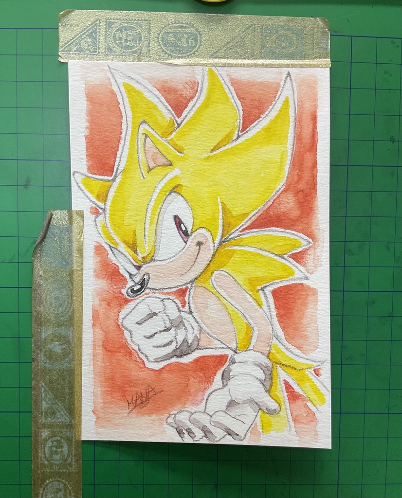 【一点もの原画】スーパーソニック水彩ファンアート|ポストカードサイズ|額装済 Original Super Sonic Fan Art — Watercolor Painting / One-of-a-Kind / Framed / Postcard Size