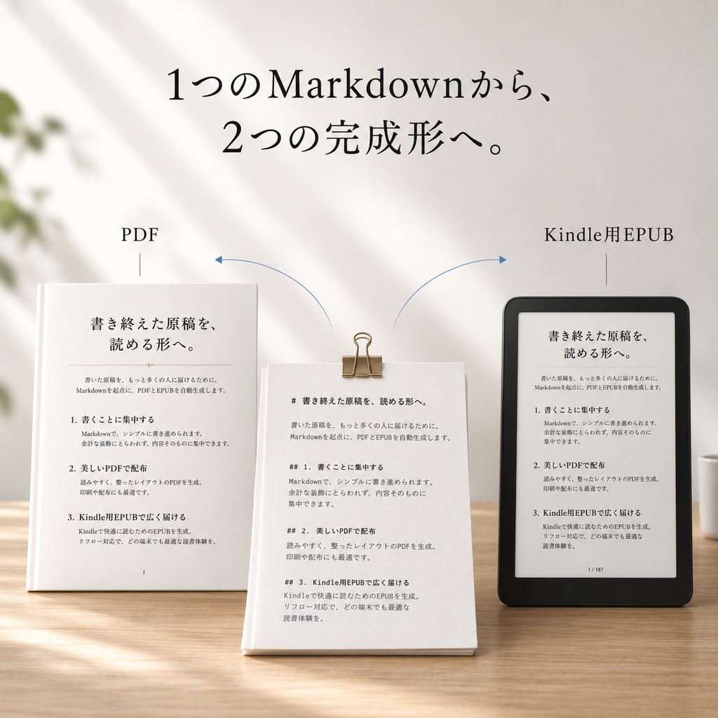 Publishing OS PDF / EPUB版|Markdown原稿をPDF・Kindle用EPUBへ変換するWindows向けセット