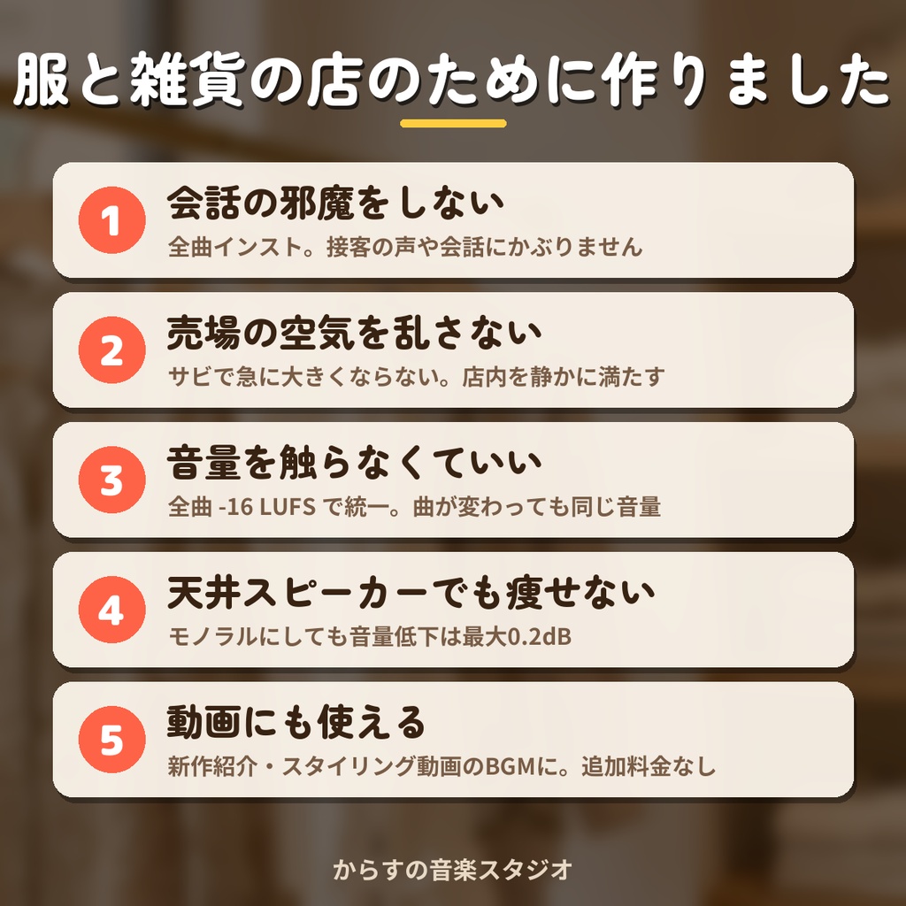 【著作権フリー・商用利用可】アパレル・雑貨店の店内BGM 40曲124分 買い切り【シングル店舗】