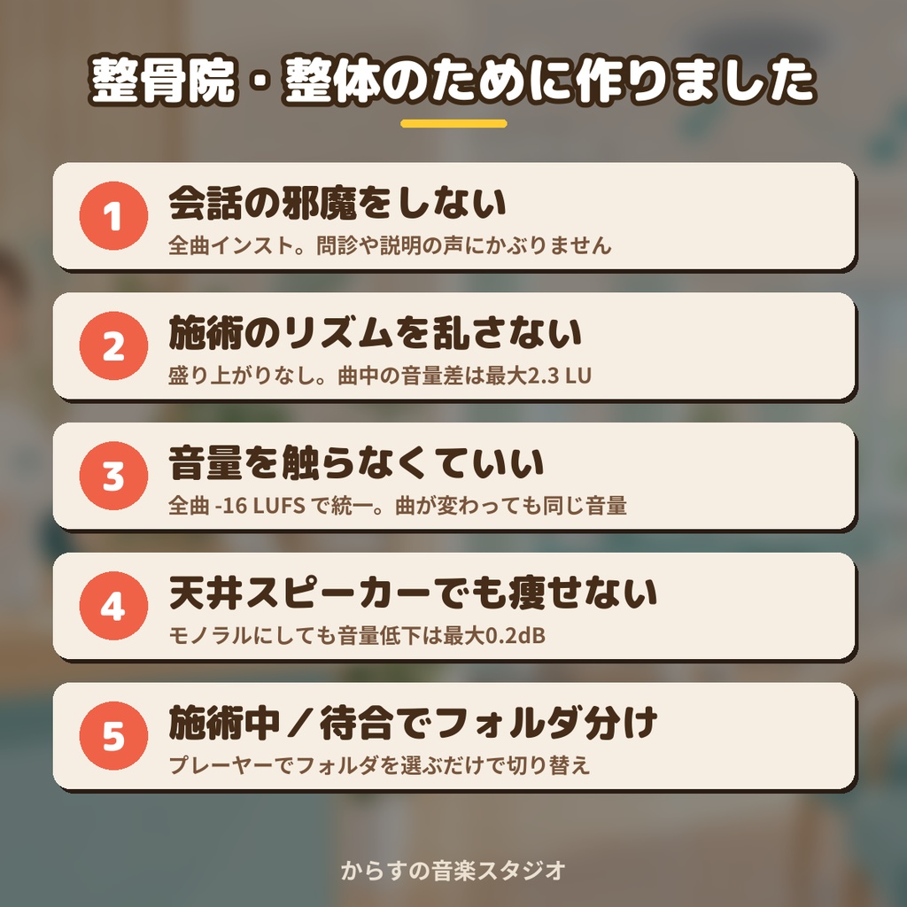 【著作権フリー・商用利用可】整骨院・整体の院内BGM 40曲131分 買い切り【マルチ店舗・5店舗まで】