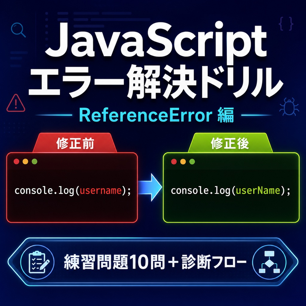 JavaScript エラー解決ドリル ReferenceError編｜練習問題10問＋診断フロー