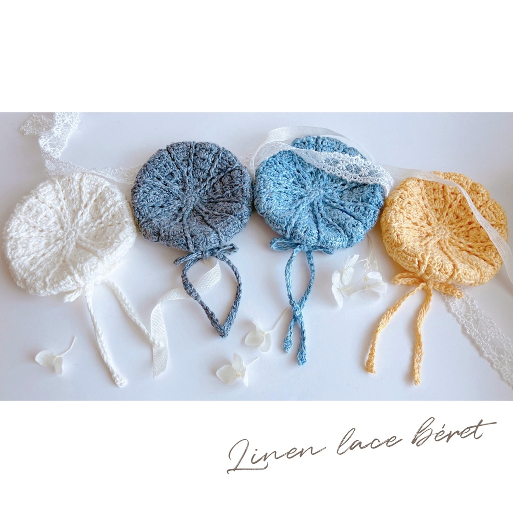 リネンのレース編みベレー帽