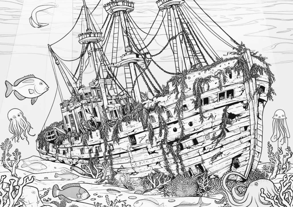 ゆるりえアート 大人の塗り絵時間 深海の財宝 – 船と灯台の塗り絵コレクション